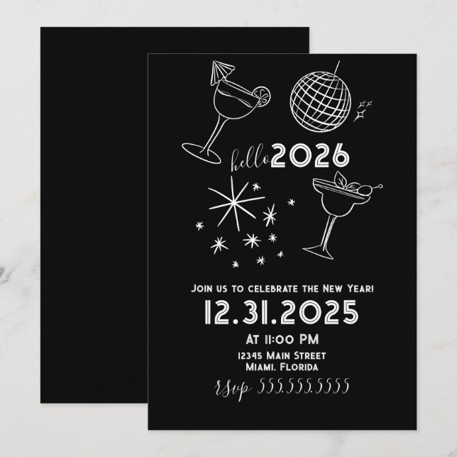 Whimiscal Doodles Hello 2026 New Years Gold Holiday Card (Front/Back)