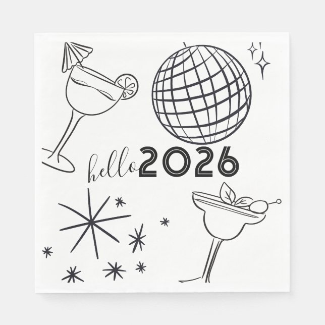 Whimiscal Doodles Hello 2026 New Years Gold Napkin (Front)