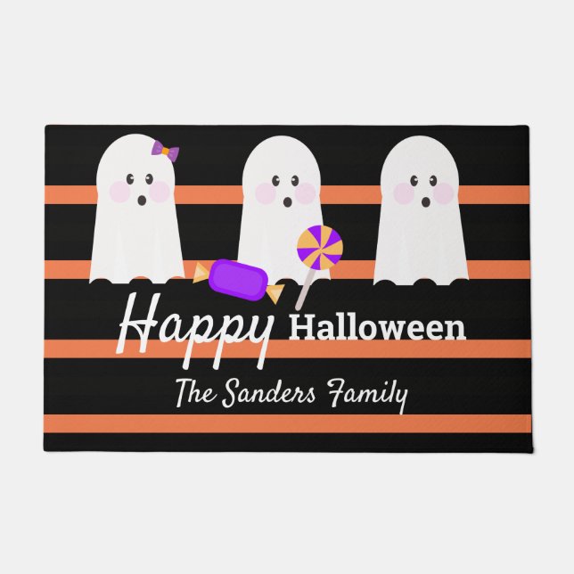 Whimiscal Halloween Cute Family Ghost Stripes Doormat (Front)