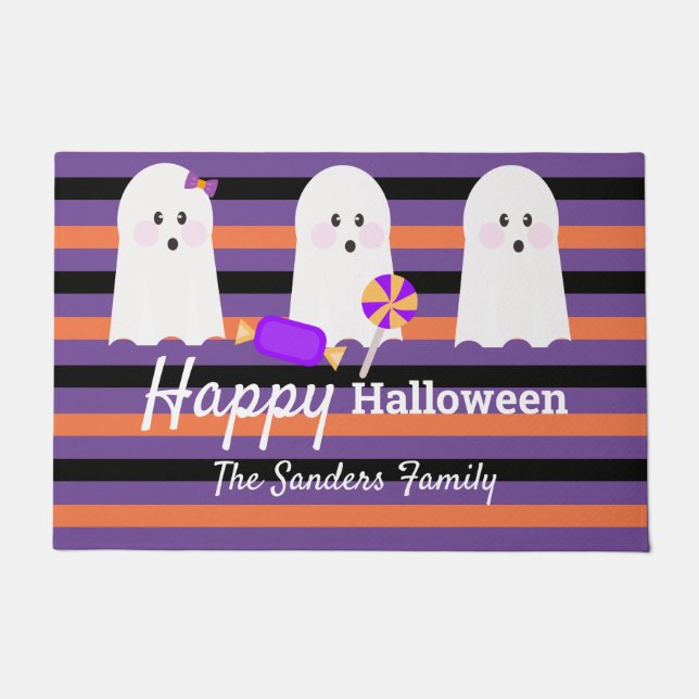 Whimiscal Halloween Cute Family Ghost Stripes Doormat (Front)
