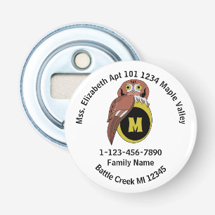 Whimiscal Owl Monogram Lost Family Home Address Bottle Opener