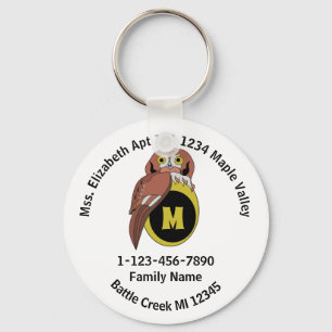 Whimiscal Owl Monogram Lost Family Home Address Key Ring
