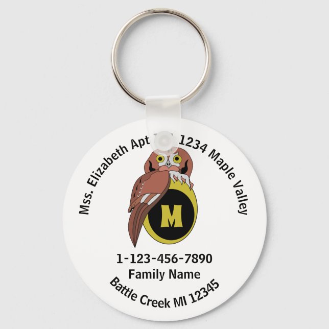 Whimiscal Owl Monogram Lost Family Home Address Key Ring (Front)