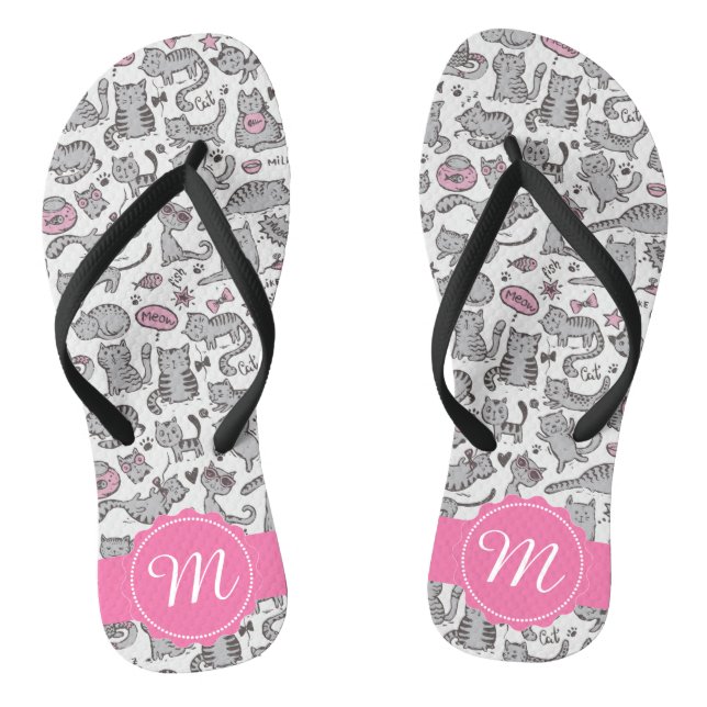 Whimiscal Pink and Grey Cartoon Cat Gift Ideas Thongs (Footbed)