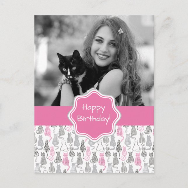 Whimiscal Pink and Grey Sketch Cat Gift Ideas Postcard (Front)