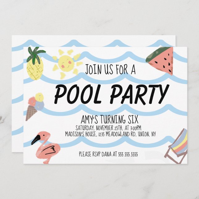 Whimiscal Pool Summer Birthday Party  Invitation (Front/Back)
