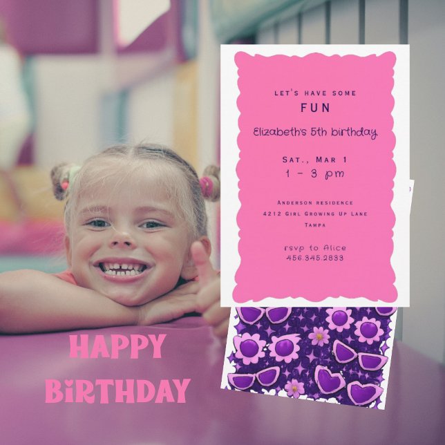 Whimiscal Purple and Pink 5th Birthday Party Invitation (Creator Uploaded)