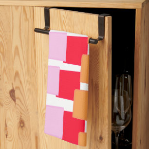 Whimiscal Squares Red Orange Pink Tea Towel