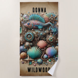 Whimiscal Steampunk Fish & Shells, Personalise Beach Towel