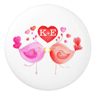 Whimiscal watercolor love birds art initials ceramic knob