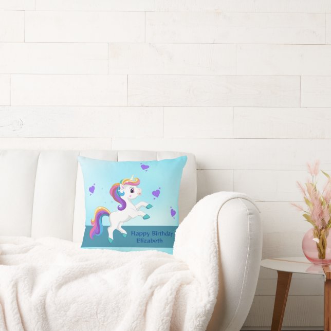 Whimisical Teal Unicorn Birthday Throw Pillow (Couch)