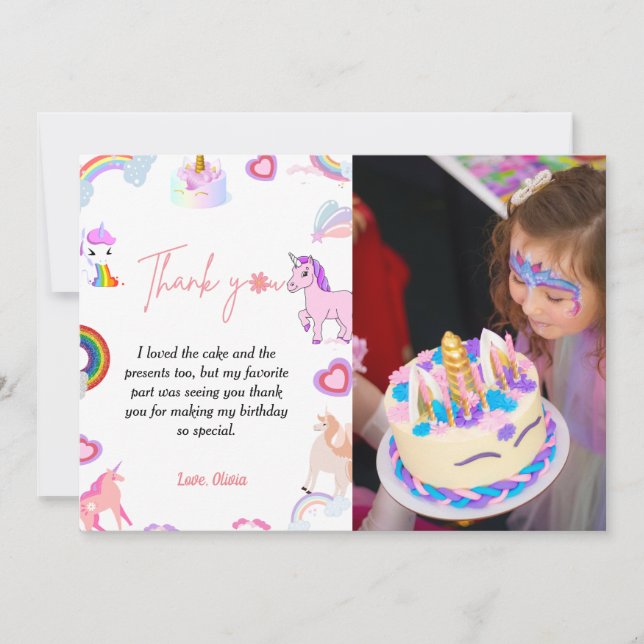 Whimscical script unicorn birthday thank you card (Front)