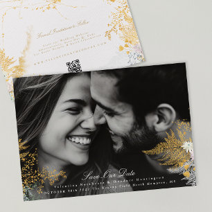whimsey gold florals photo wedding website QR code Save The Date