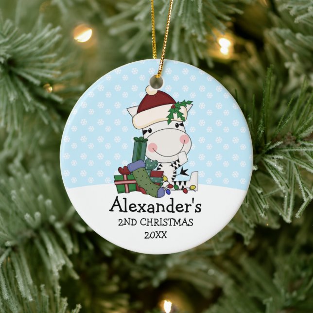 Whimsical 2nd Christmas Santa Zebra Personalised Ceramic Tree Decoration (Tree)