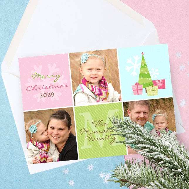 Whimsical 3 Photo Pink & Pastels Holiday Card (Bright Fun 3 Picture Pastel Holiday Greeting Card. Available printed with envelopes or digital)