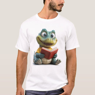 Whimsical 3D Cartoon Crocodile with a Book T-Shirt