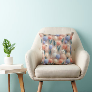 Whimsical 3D Cat and Tulip Seamless Pattern Cushion