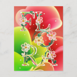 Whimsical 3D Glass Flora Typography Postcard