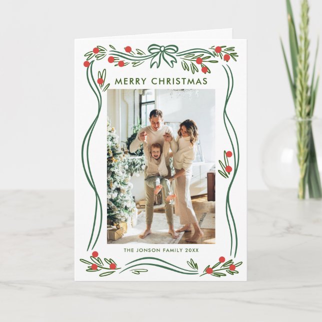 Whimsical 5 Photo Boho Green Christmas Bow Ribbon Holiday Card (Front)