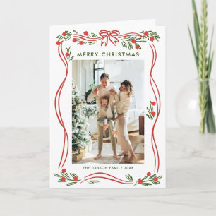 Whimsical 5 Photo Boho Red Christmas Bow Ribbon Holiday Card
