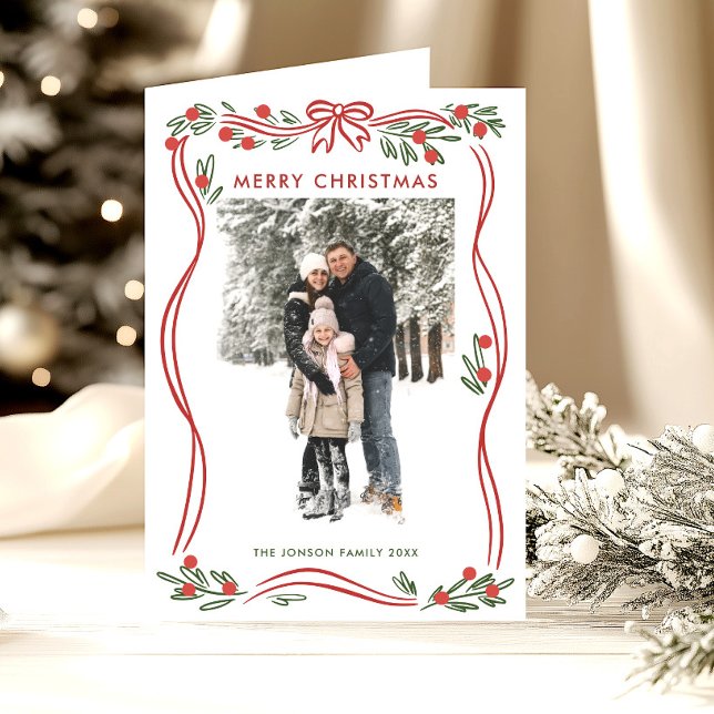 Whimsical 5 Photo Boho Red Christmas Bow Ribbon Holiday Card (Creator Uploaded)