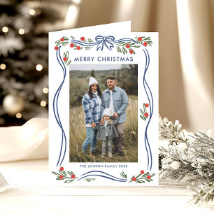 Whimsical 5 Photo Dusty Blue Christmas Bow Ribbon Holiday Card