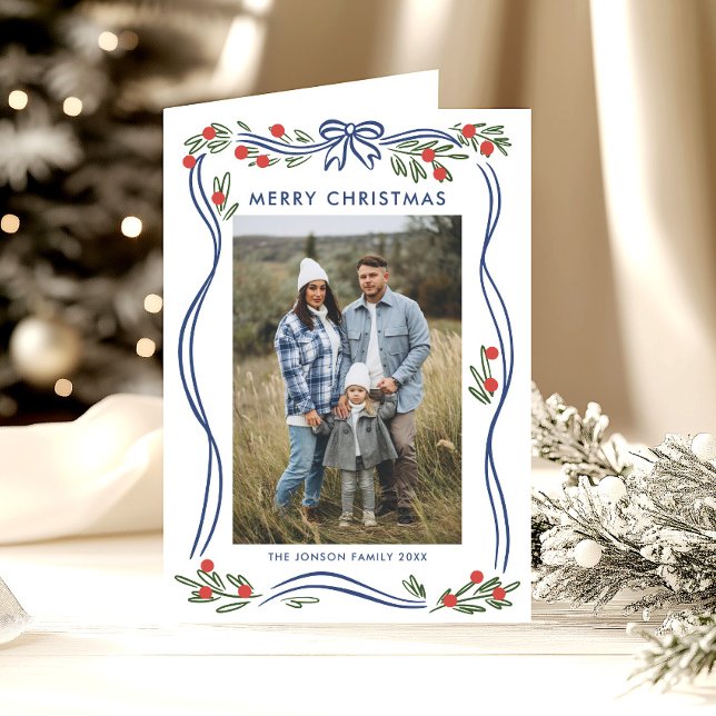 Whimsical 5 Photo Dusty Blue Christmas Bow Ribbon Holiday Card (Creator Uploaded)