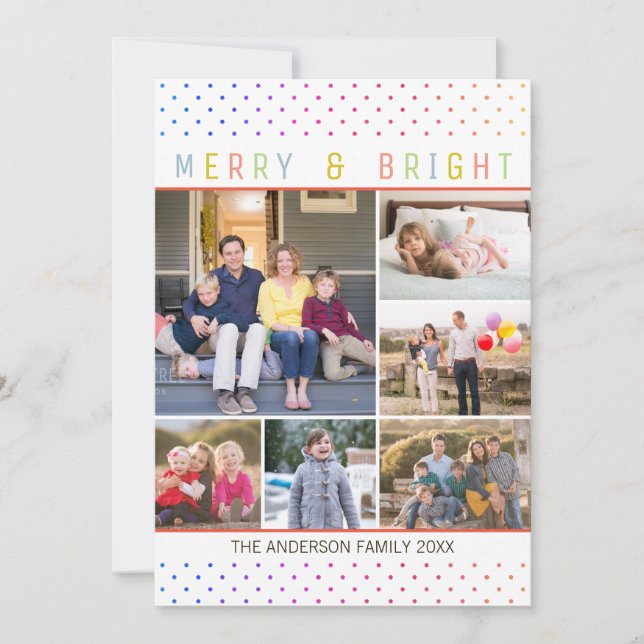 Whimsical 6 Photo Merry Bright Rainbow Polka Dots Holiday Card (Front)
