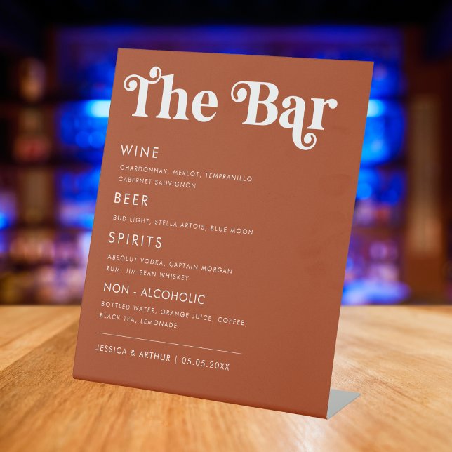 Whimsical 70s Retro Script Wedding Bar Drink Menu  Pedestal Sign (Creator Uploaded)