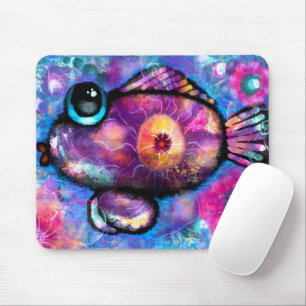 Whimsical Abstract Big-Eyed Fish Teal Pink Floral Mouse Pad