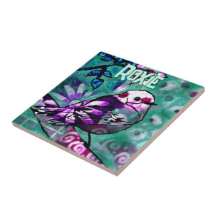 Whimsical Abstract Bird Floral Personalised Ceramic Tile