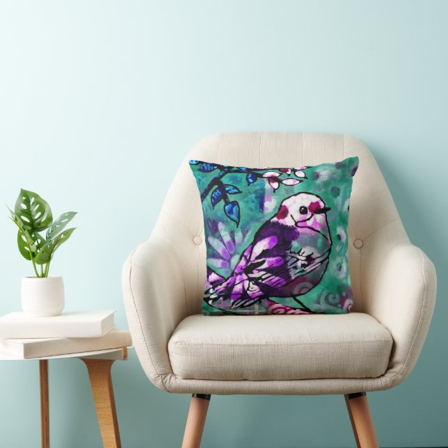 Whimsical Abstract Bird Floral Teal Purple Cushion (Chair)