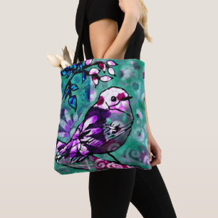 Whimsical Abstract Bird Floral Teal Purple Tote Bag