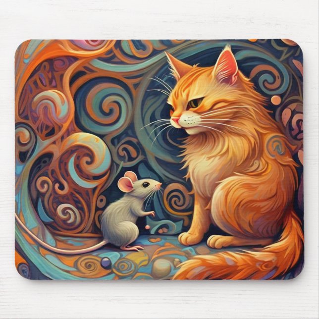Whimsical Abstract Cat and Mouse  Mouse Pad (Front)