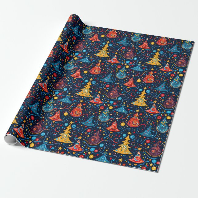 Whimsical Abstract Christmas Trees in Bright Colou Wrapping Paper (Unrolled)