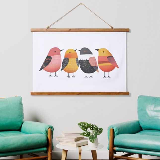 Whimsical Abstract Colourful Birds Watercolor Art Hanging Tapestry (Living Room)