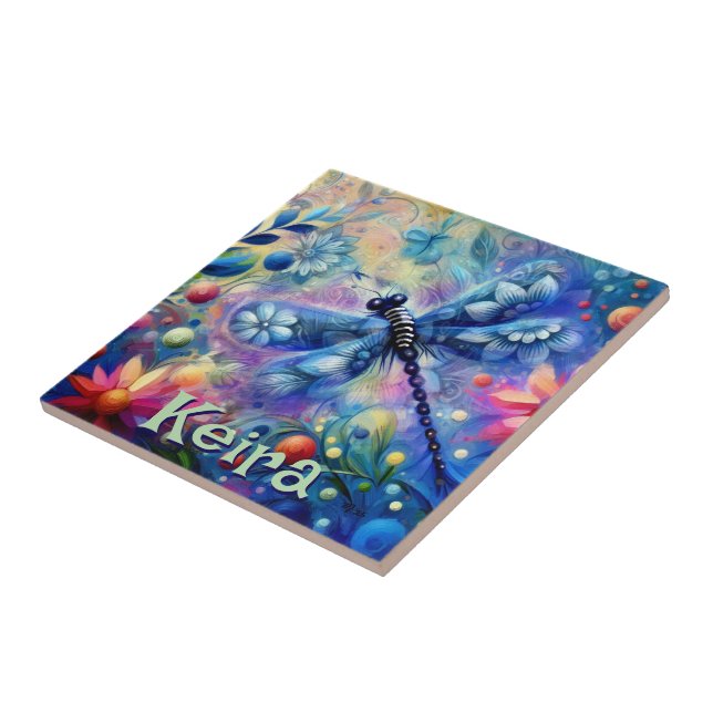 Whimsical Abstract Dragonfly Floral Personalised Ceramic Tile (Side)