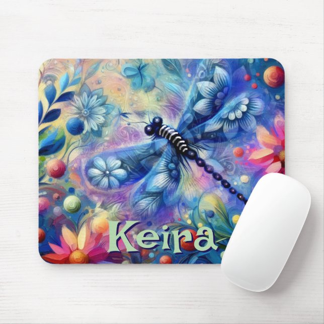 Whimsical Abstract Dragonfly Floral Personalised Mouse Pad (With Mouse)