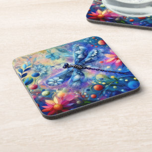 Whimsical Abstract Dragonfly Floral Teal Blue Pink Coaster