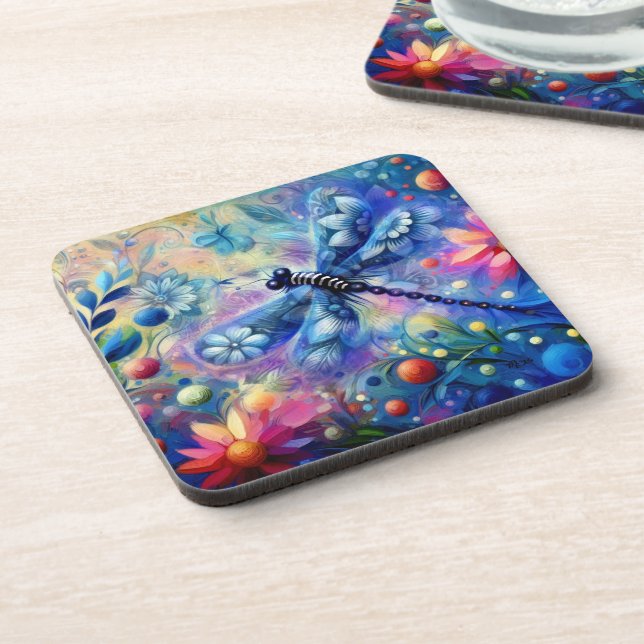 Whimsical Abstract Dragonfly Floral Teal Blue Pink Coaster (Left Side)