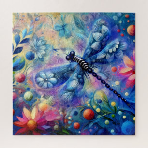 Whimsical Abstract Dragonfly Floral Teal Blue Pink Jigsaw Puzzle