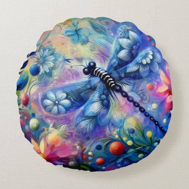 Whimsical Abstract Dragonfly Floral Teal Blue Pink Round Cushion (Front)