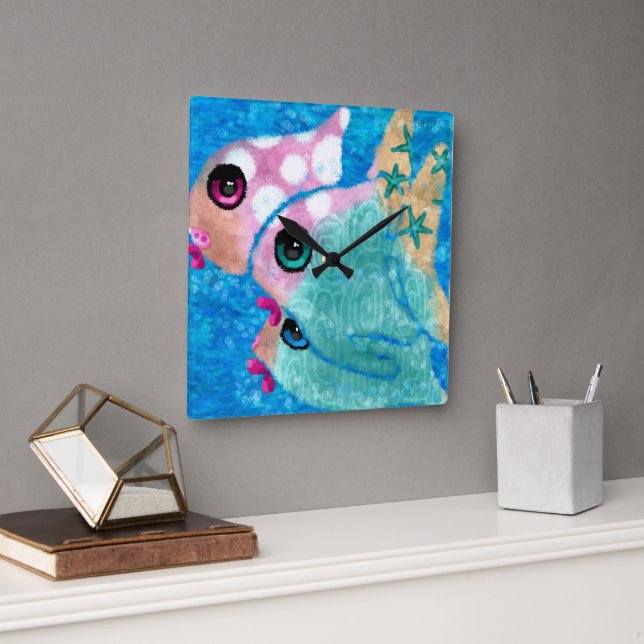 Whimsical Abstract Fish Beach Nautical Teal Pink Square Wall Clock (Office)