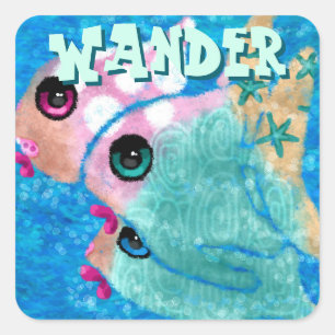 Whimsical Abstract Fish Trio Blue Personalised Square Sticker