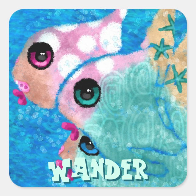 Whimsical Abstract Fish Trio Blue Personalised Square Sticker (Front)