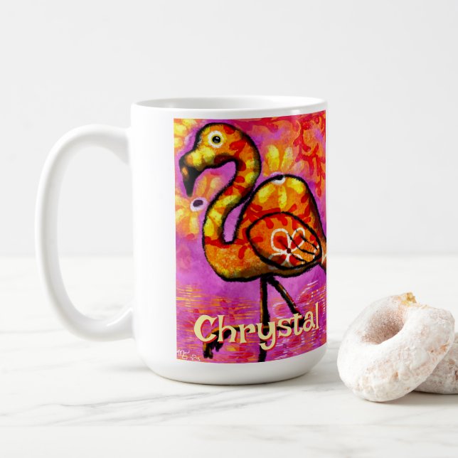  Whimsical Abstract Flamingo Bird Personalised Coffee Mug (With Donut)