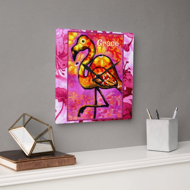  Whimsical Abstract Flamingo Bird Personalised Square Wall Clock (Office)