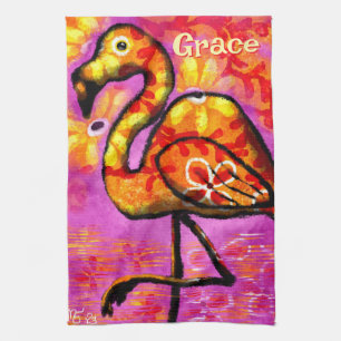 Whimsical Abstract Flamingo Bird Personalised Tea Towel