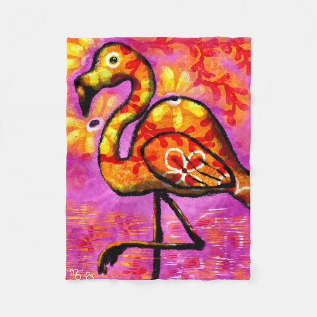 Whimsical Abstract Flamingo Floral Orange Yellow Fleece Blanket (Front)