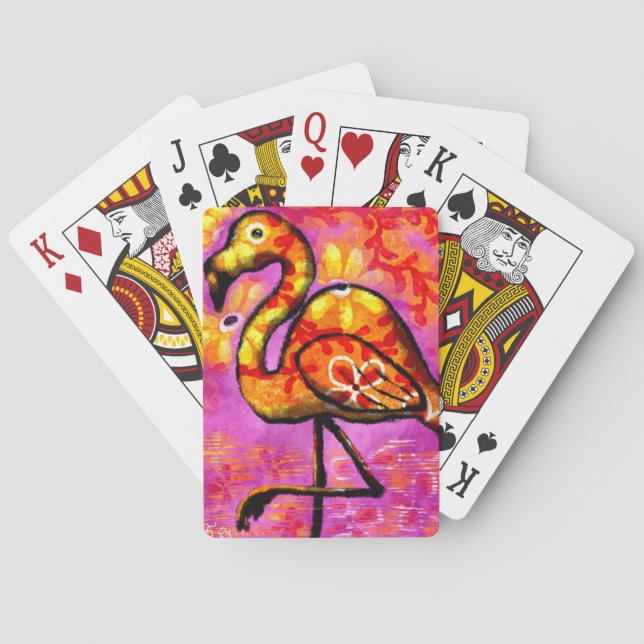 Whimsical Abstract Flamingo Floral Orange Yellow Playing Cards (Back)